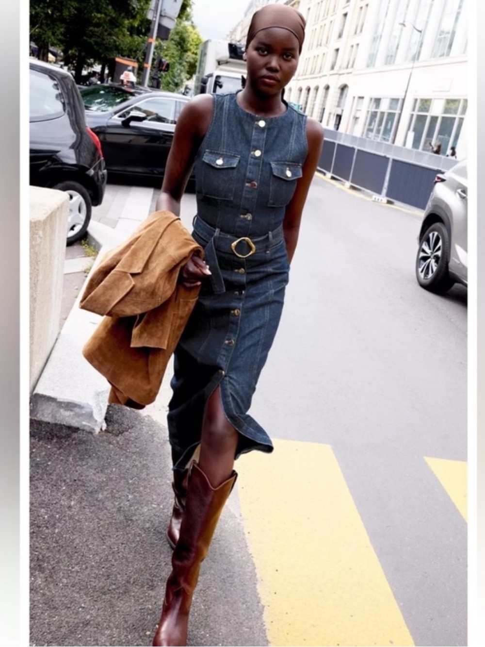 NWT Zara Z1975 Belted Dark Denim Midi Dress w Gold Button Western Utility Sz M - Picture 7 of 10